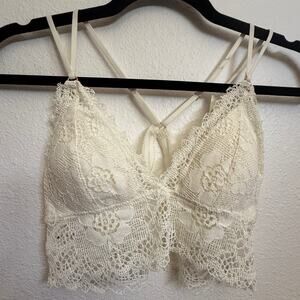 NWT AERIE Bra Floral Lace Double Strap Strappy Wireless Longline Bralette Ivory